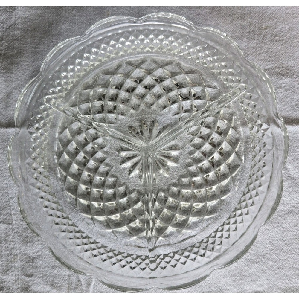 Vintage Anchor Hocking Wexford Clear Glass 3‎ Part Divided Round Relish Dish USA